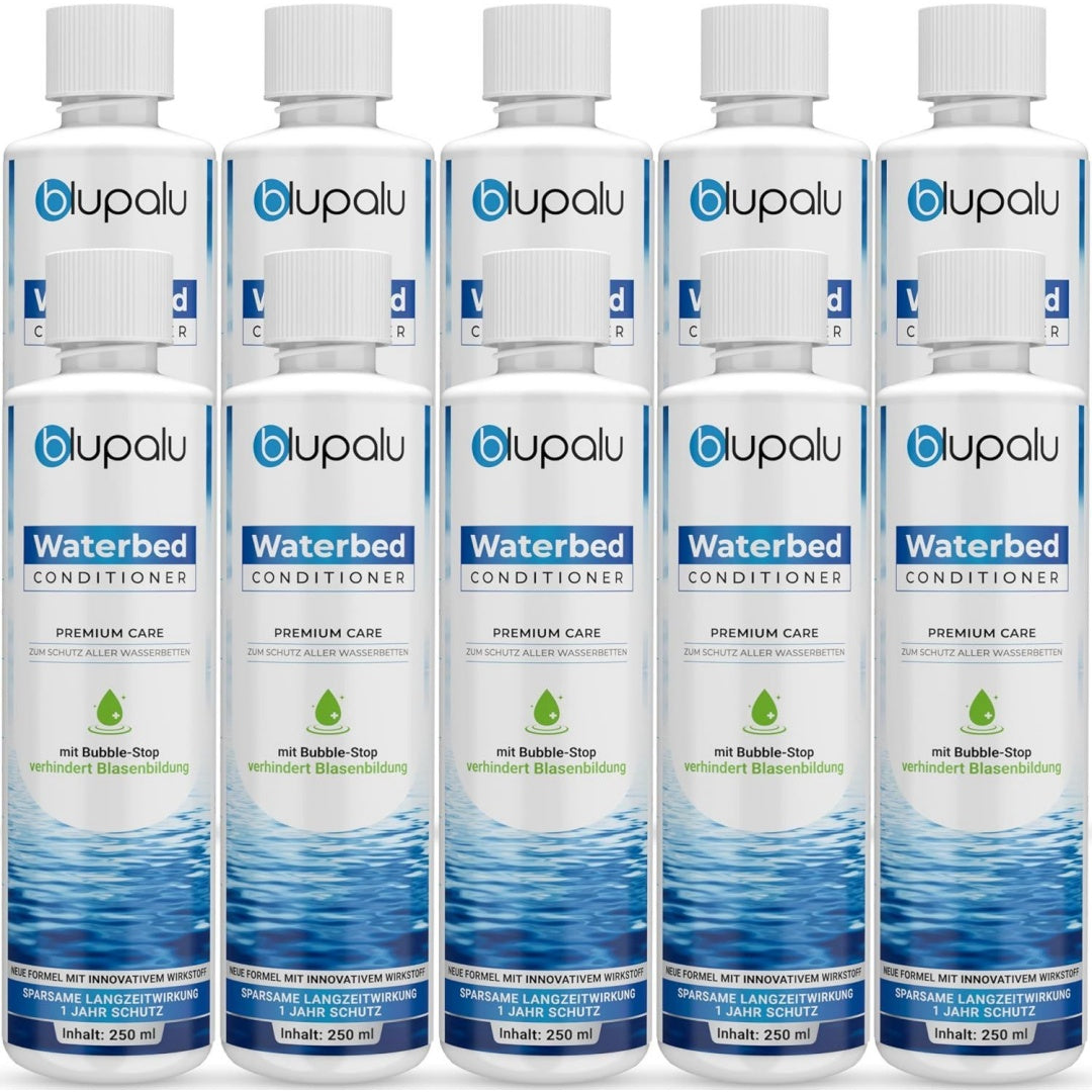wasserbett conditioner premium care 10x 250ml mit bubble stopp wasserbetten konditionierer gegen gerueche algen pflege fuer alle wassermatratzen systeme aller bekannten hersteller
