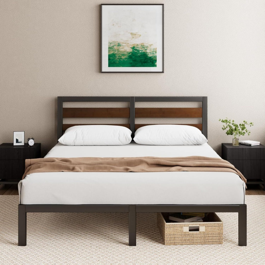 zinus kai bettgestell 140x200 cm mit bambus kopfteil - metallbett 140x200 mit metall-lattenrost - 254 cm hohe plattform mit freiraum darunter - kein boxspringbett erforderlich - schwarzbraun