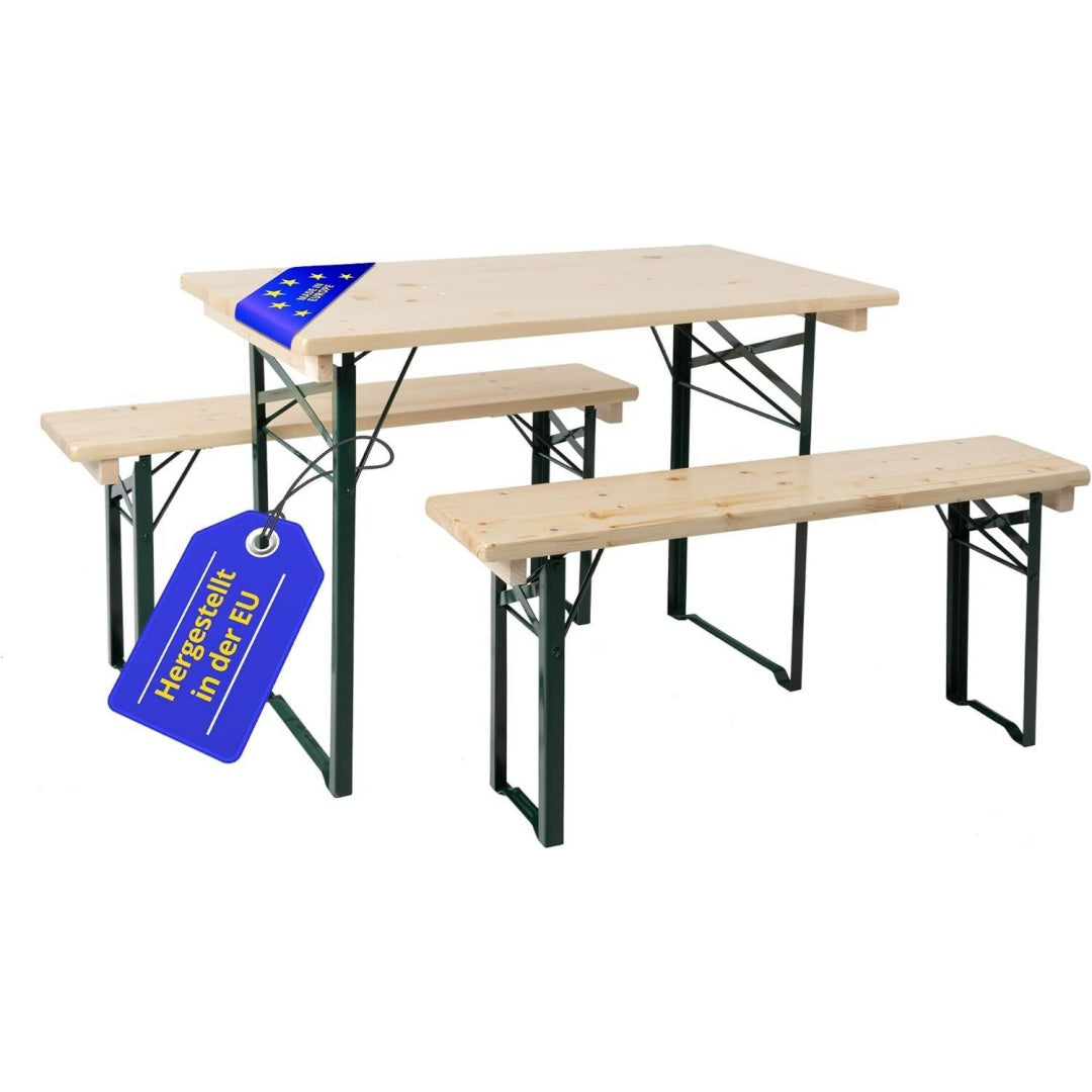 stagecaptain bbeu-110nt hirschgarten bierzeltgarnitur fuer balkon - kurze version mit 110 cm laenge - klappbare festzeltgarnitur 1x tisch 2x bank - sitzgarnitur aus holz - innen aussenbereich - natur