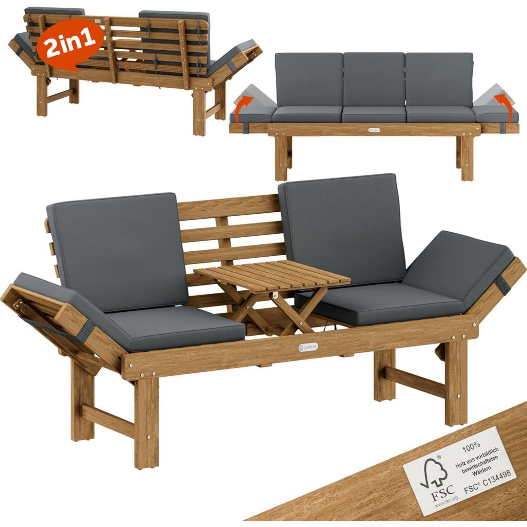 casaria gartenbank 3-sitzer mit liegefunktion klappbar 200x50cm inkl polsterauflage wetterfest mit zuklappbarem auflagetisch bis 320kg balkon garten akazienholz grau
