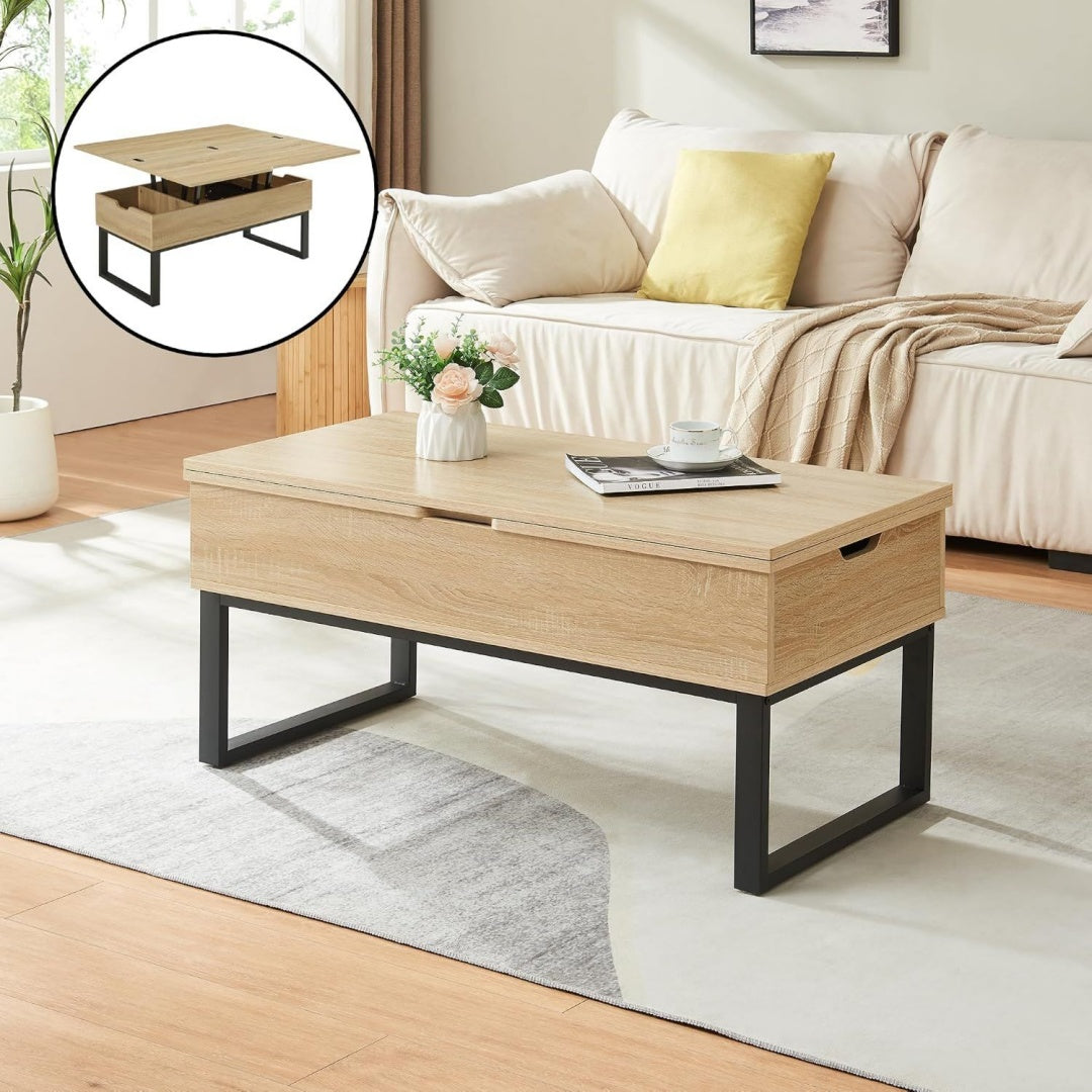 encasa couchtisch rauli wohnzimmertisch hoehenverstellbar 100 x 50 x 47 cm sofatisch metallgestell mit 2 hebeplatten und 3 innenfaechern kaffeetisch rechteckig eicheoptik