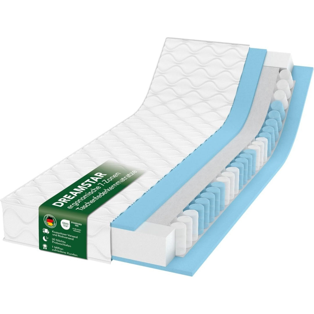 dreamstar ergo flex duo taschenfederkernmatratze 80x200cm ergonomische 7-zonen matratze oeko-textil h2 0-80kg h3 80-100kg hypoallergen antibakteriell 17 cm hoch 80 x 200 cm