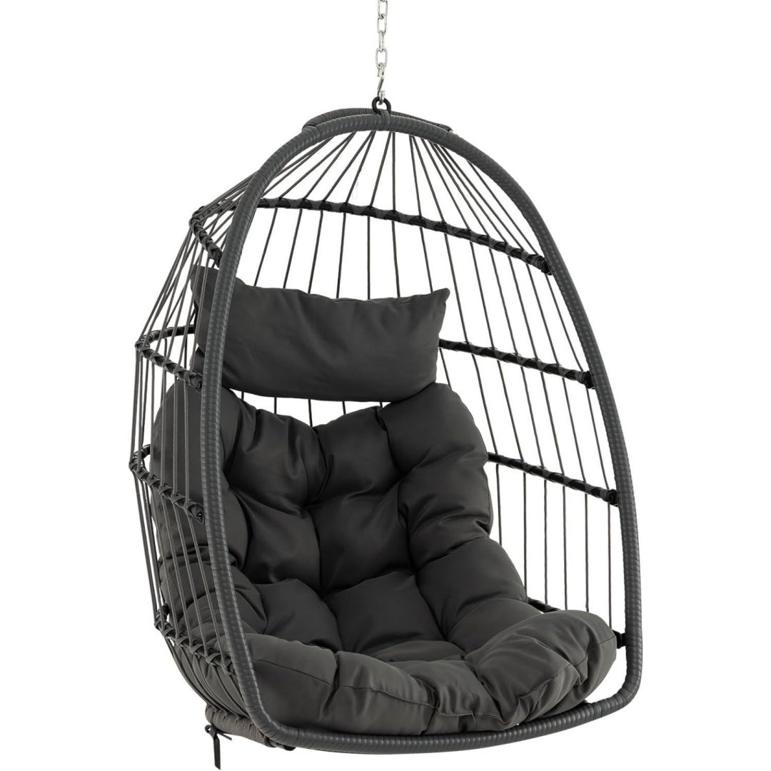 haengesessel faltbarer haengekorb sessel aus pe-rattan mit weichem kissen haengeschaukel haengesitz mit haengezubehoer haengestuhl fuer indoor und outdoor grau