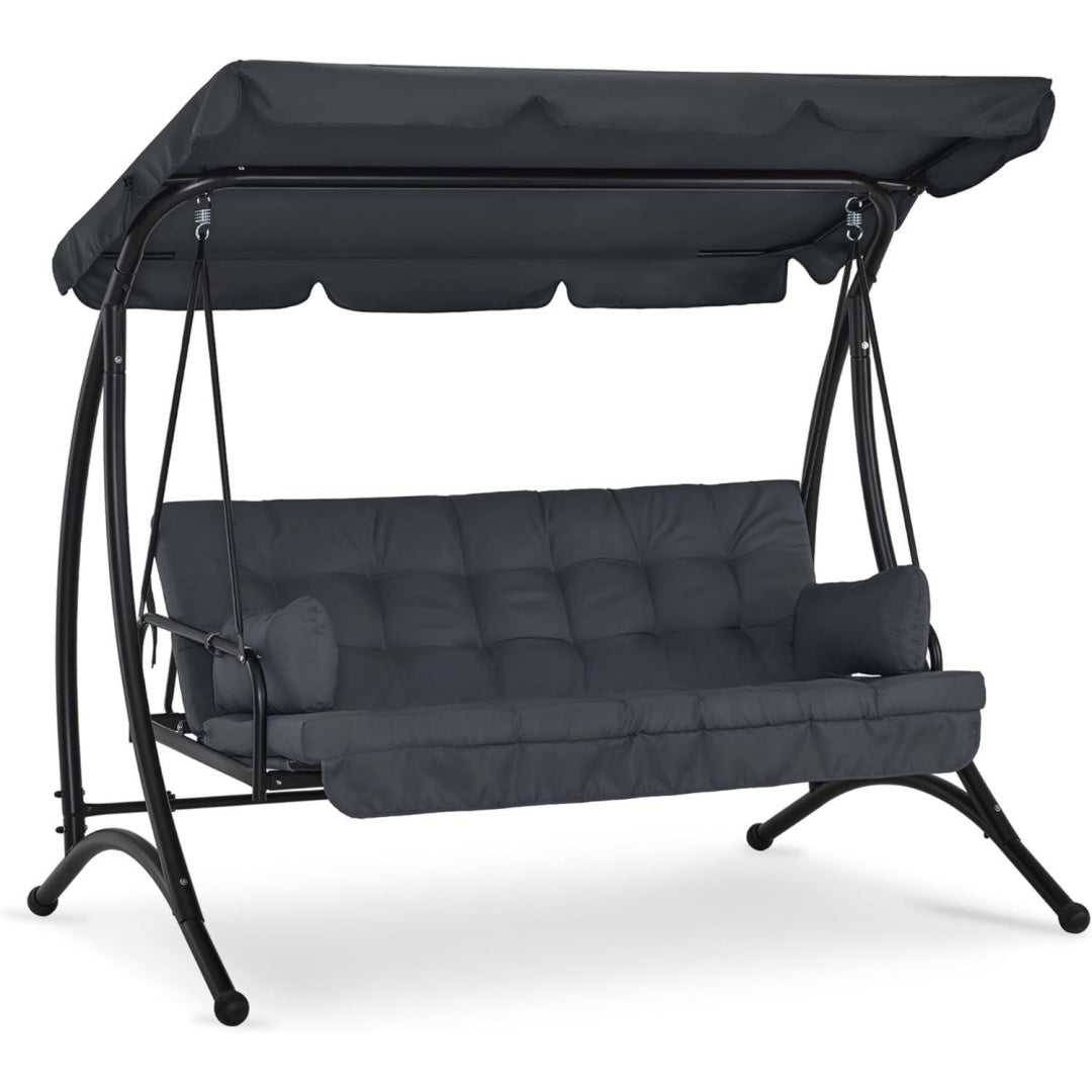 m mcombo3-sitzerhollywoodschaukel mit liegefunktion mit extradickem sitzkissen sonnendach gartenschaukel bis 300kg belastbar 201x125x173 cm schaukelbank outdoorwetterfest 4095 grau