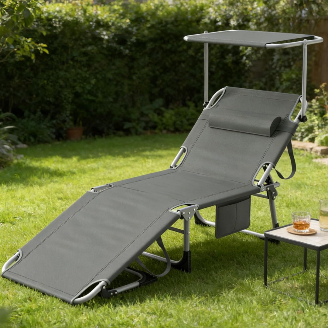 soontrans grosse sonnenliege mit dach 194 x 675 x 29cm gartenliege klappbar liegestuhl garten mit verstellbarer rueckenlehne seitentasche kopfkissen bis zu 150 kg fuer garten pool anthrazit